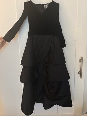 SCASSI Vintage Black Velvet and Silk Gown with Tiered Skirt